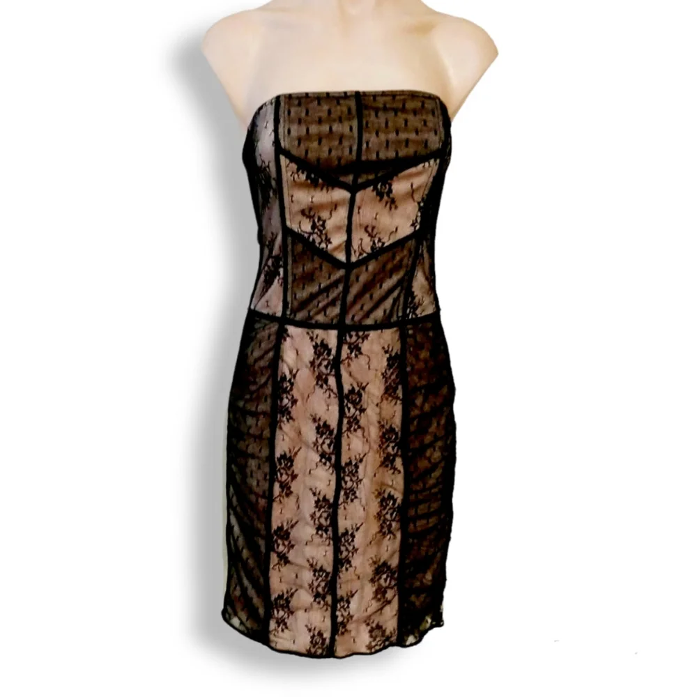 Strapless, black lace, knee length, corset dress with light beige/ tan under lay - Picture 1 of 8